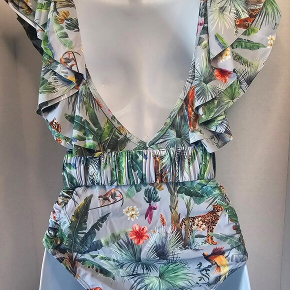 Safari Print Deep-V Ruffle Trim 1pc Swimsuit Side Ruching W/Belt SZ SM - Picture 4 of 6